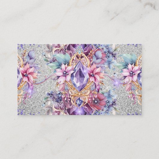 Vrouwelijke glinsterende bloemenglitter art visitekaartje (Voorkant)