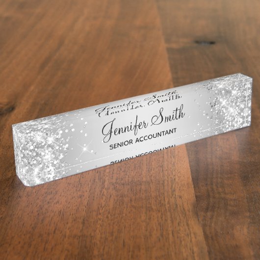 Vrouwelijke Glitterige Zilveren Gradiënt Naambordje (Zijkant)