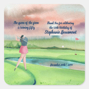 Vrouwelijke golfer zwaait vijftiger 50ste verjaard vierkante sticker