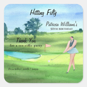 Vrouwelijke golfspeler die haar 50e verjaardag vie vierkante sticker
