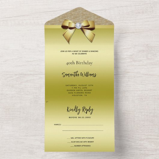 Vrouwelijke gouden edelsteen Bow & Glitter Verjaar All In One Uitnodiging (Binnen)