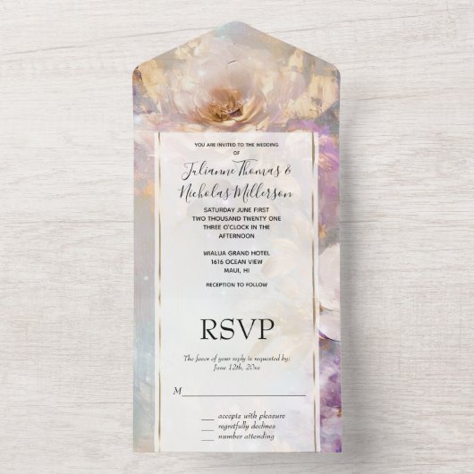 Vrouwelijke gouden witte bloemen bruiloft all in one uitnodiging (Binnen)