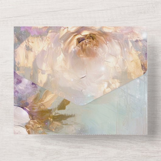 Vrouwelijke gouden witte bloemen bruiloft all in one uitnodiging (Achterkant)