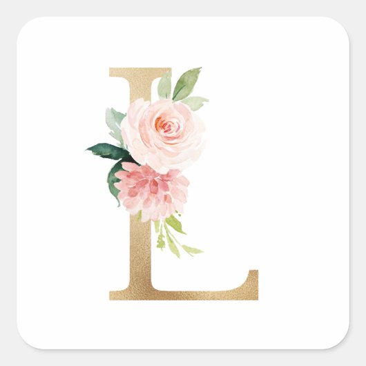 Vrouwelijke goudfolie Blush Bloemen Letter L Monog Vierkante Sticker (Voorkant)