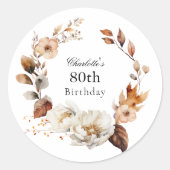 Vrouwelijke herfstbloemen 80e verjaardagsfeest ronde sticker (Voorkant)