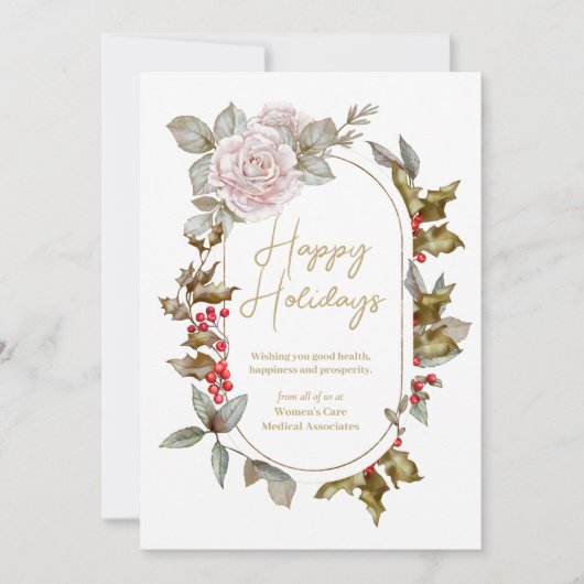 Vrouwelijke Holly Evergreens en Rozen Corporate Feestdagenkaart (Voorkant)
