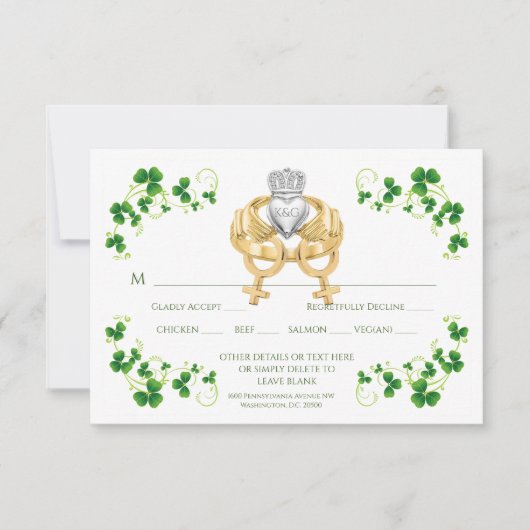 Vrouwelijke Ierse Claddagh-ring en klaveren RSVP Kaartje (Voorkant)