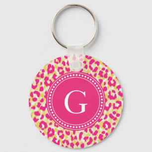 Vrouwelijke kleurrijke roze luipaardprint monogram sleutelhanger