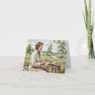 Vrouwelijke kunstenaar schildert bloemen in een ve bedankkaart