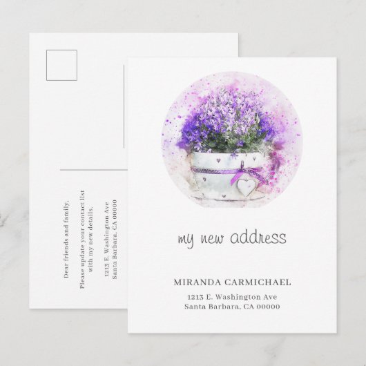 Vrouwelijke Lavendel Bloemen Waterverf Nieuw Adres Aankondigingskaart (Voorkant / Achterkant)