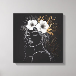 Vrouwelijke lijnkunst met bloemenkrans canvas afdruk