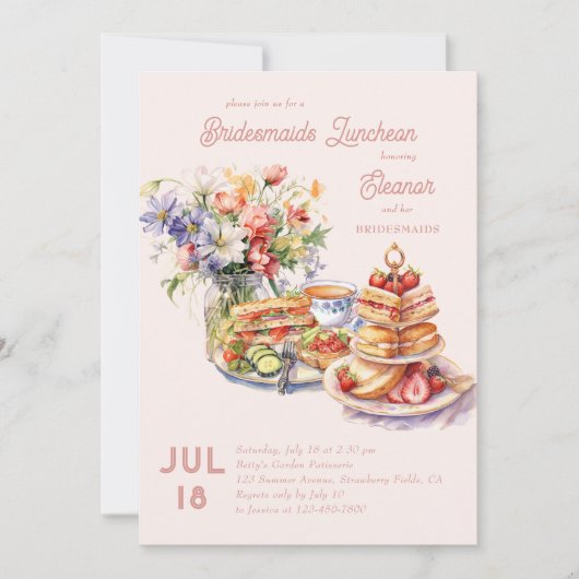 Vrouwelijke Lunch Thee Bloemen Bruidsmeisjes Lunch Kaart (Voorkant)