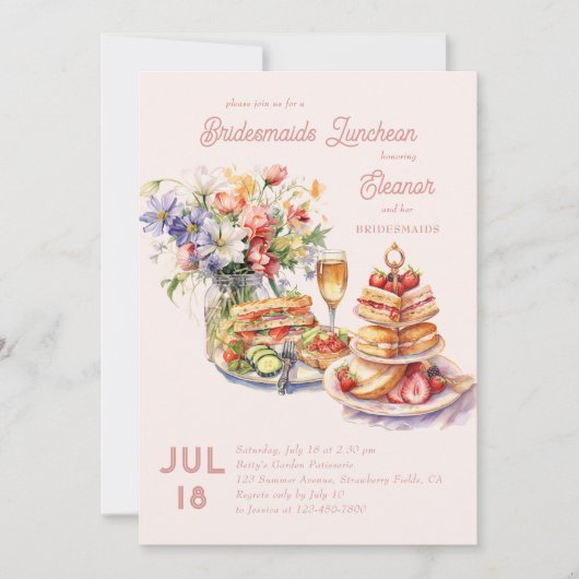 Vrouwelijke Lunch Wijn Bloemen Bruidsmeisjes Lunch Kaart (Voorkant)