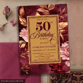 Vrouwelijke marsala blush gouden bloemen 50ste ver kaart