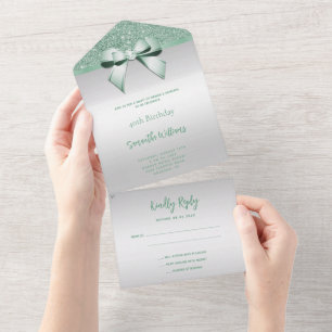 Vrouwelijke Mint Edelsteen Strik & Glitter Verjaar All In One Uitnodiging