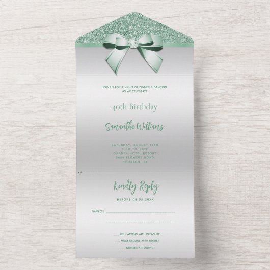 Vrouwelijke Mint Gem Bow & Glitter Verjaardag All In One Uitnodiging (Binnen)