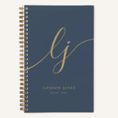 Vrouwelijke Monogram Calligrafie Initialen Navy Go Notitieboek (Voorkant)