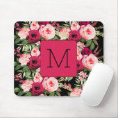  vrouwelijke monogram zwart-roze floraal muismat (Met muis)