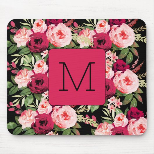  vrouwelijke monogram zwart-roze floraal muismat (Voorkant)