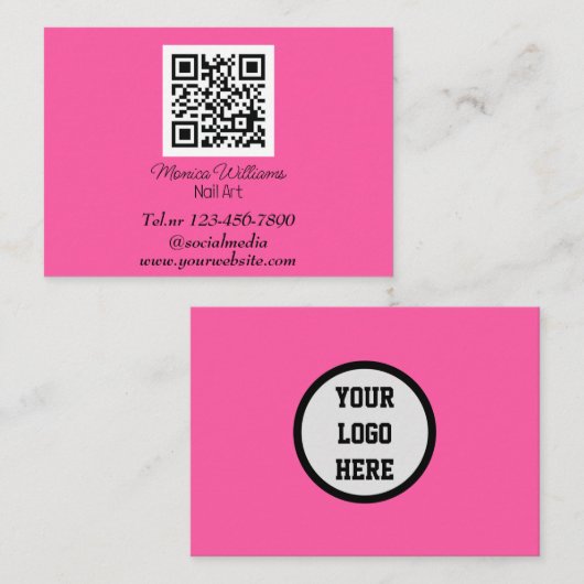 Vrouwelijke Nail Art QR Code Scannable Neon Roze Visitekaartje (Voorkant / Achterkant)