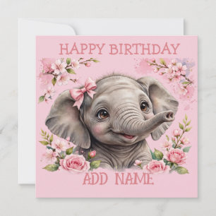 Vrouwelijke Olifant: Baby Dier Pastel lint & Bloem Kaart