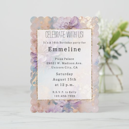 Vrouwelijke Paarse Blauwe en Gouden Bloemen Kaart (Staand voorkant)