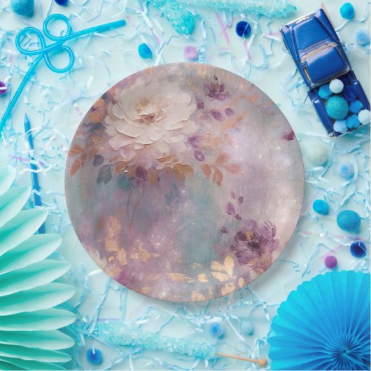 Vrouwelijke Paarse Blauwe en Gouden Bloemen Papieren Bordje (Feest)