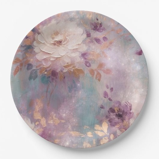 Vrouwelijke Paarse Blauwe en Gouden Bloemen Papieren Bordje (Voorkant)