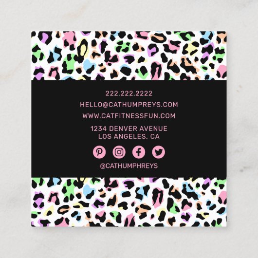 Vrouwelijke Personal Trainer Leopard Print Vierkante Visitekaartje (Achterkant)