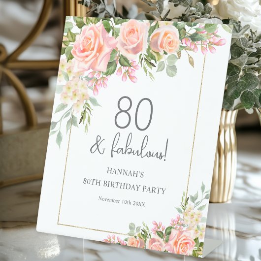 Vrouwelijke Perzik Roze Rose Bloemen 80e Verjaarda Reclamebord Met Voetstuk