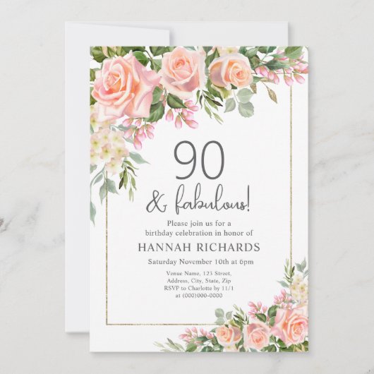 vrouwelijke perzik | Rozen Bloemen 90ste verjaarda Kaart (Voorkant)
