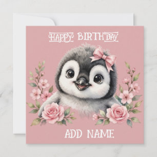 Vrouwelijke Pinguïn: Baby Dier Pastel lint & Bloem Kaart