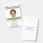 Vrouwelijke predikant pasje met eigen tekst badge (Voor- en achterkant)