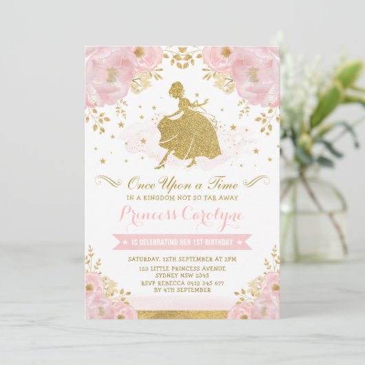 Vrouwelijke Prinses Assepoester Roze Gouden Verjaa Kaart (Staand voorkant)