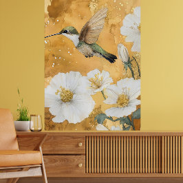 vrouwelijke robijnkeelkolibrie witte bloesems poster