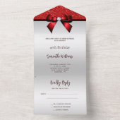 Vrouwelijke Rode Gem Bow & Glitter Verjaardag All In One Uitnodiging (Binnen)
