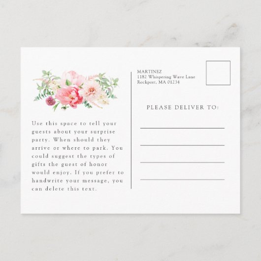 Vrouwelijke Roze Bloemen 19e Verjaardag Surprise P Uitnodiging Briefkaart (Achterkant)