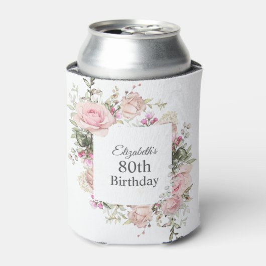 Vrouwelijke Roze Bloemen 80ste Verjaardag Blikjeskoeler (Blikje Voorkant)