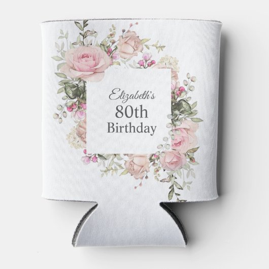 Vrouwelijke Roze Bloemen 80ste Verjaardag Blikjeskoeler (Voorkant)