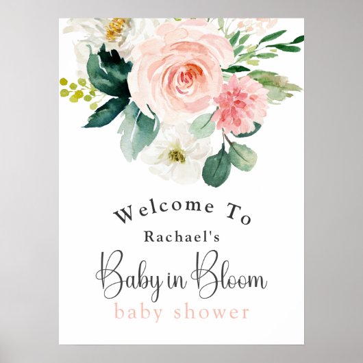 Vrouwelijke Roze Bloemen Baby in Bloom Baby shower Poster (Voorkant)