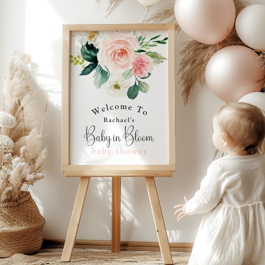 Vrouwelijke Roze Bloemen Baby in Bloom Baby shower Poster