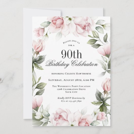 Vrouwelijke Roze Rozen 90ste Verjaardagsfeestje Kaart (Voorkant)