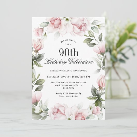 Vrouwelijke Roze Rozen 90ste Verjaardagsfeestje Kaart (Staand voorkant)