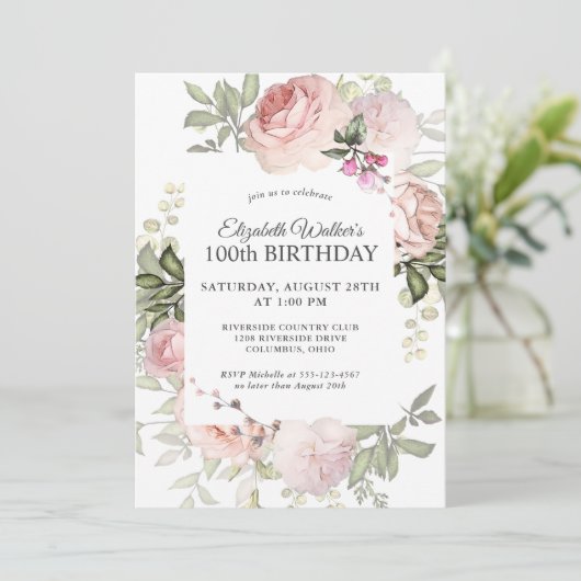 Vrouwelijke Roze Rozen Bloemen 100ste Verjaardagsf Kaart (Staand voorkant)