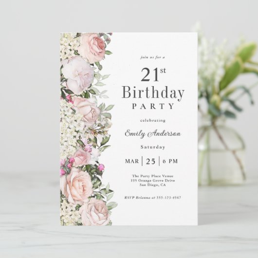 Vrouwelijke Roze Rozen Bloemen 21ste Verjaardagsfe Kaart (Staand voorkant)