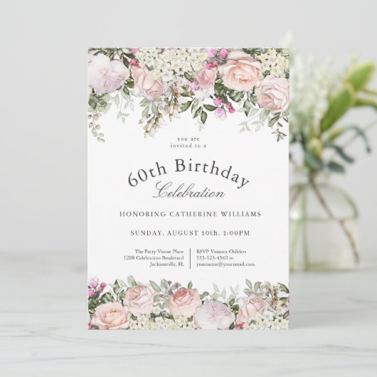 Vrouwelijke Roze Rozen Bloemen 60ste Verjaardagsfe Kaart (Staand voorkant)