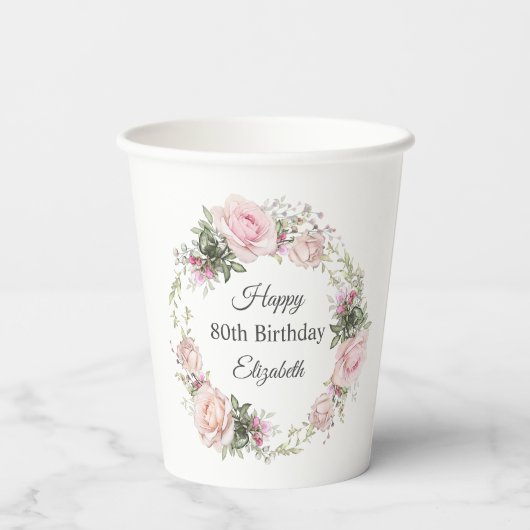 Vrouwelijke Roze Rozen Bloemen 80ste Verjaardag me Papieren Bekers (Achterkant)