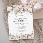 Vrouwelijke Roze Rozen Bloemen 90ste Verjaardagsfe Kaart<br><div class="desc">Een prachtig vrouwelijke feestuitnodiging om een 90ste verjaardag in elegante stijl te vieren, dit onweerstaanbare bloemontwerp is omzoomd in charmante roze rozen, gemengde bloemen en achtervolgend groen. Alle tekst kan worden gepersonaliseerd voor uw feest, inclusief de leeftijd van de eregast. Deze uitnodiging is beschikbaar als een gedrukte uitnodiging of digitale...</div>
