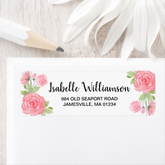 Vrouwelijke roze rozen retourneren adreslabels etiket (Insitu)