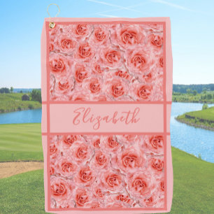 Vrouwelijke roze rozenprint met eigen naam dames golfhanddoek